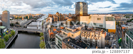 Aerial view of Dublin and river Liffey in summer, Ireland - All brands and logos removed Aerial view of Dublin and river Liffey in summer, Ireland - All brands and logos removed 128897137