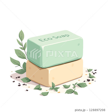 Vsai eco soap bars resting on each other with herbs and spices 128897208