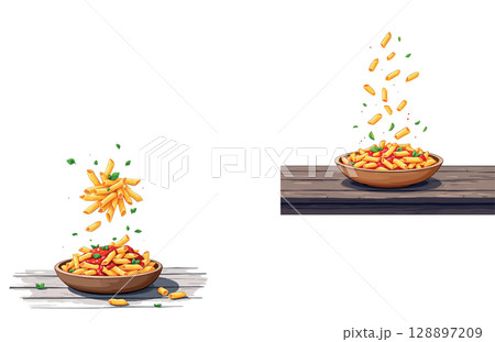 Vsai penne with tomato sauce falling into wooden bowl 128897209