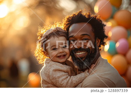 Man and a little girl are smiling at the camera 128897339