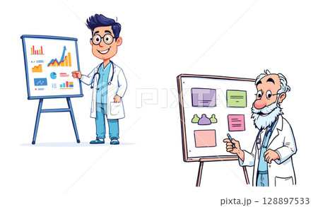 Vsai doctors presenting medical data and statistics on whiteboard 128897533