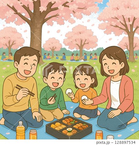 桜の下でお弁当を囲む春の家族のイラスト（花見・ピクニック・親子で食事） 128897534