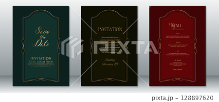 Vintage Wedding Invitation Set with Elegant Gold Frame on Dark Green, Black, and Maroon Vintage Wedding Invitation Set with Elegant Gold Frame on Dark Green, Black, and Maroon 128897620