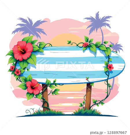 Vsai tropical wooden surfboard sign with hibiscus flowers at sunset Vsai tropical wooden surfboard sign with hibiscus flowers at sunset 128897667