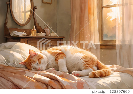 A peaceful orange and white cat sleeps soundly on a bed with patterned sheets, bathed in soft sunlight from a nearby window in a cozy bedroom setting. 128897669