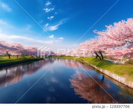 川沿いの桜並木のイラスト 128897706