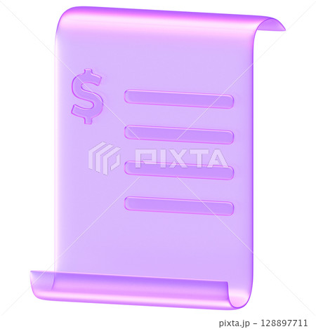 3D receipt or bill icon in glass style purple tone, symbolizing transaction, payment, invoice, or financial record 128897711