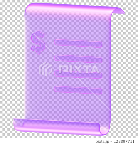 3D receipt or bill icon in glass style purple tone, symbolizing transaction, payment, invoice, or financial record 128897711