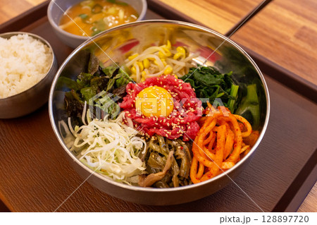 Korean traditional food. Beef Tartare Bibimbap 128897720