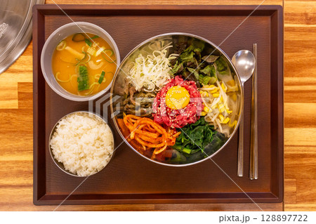 Korean traditional food. Beef Tartare Bibimbap Korean traditional food. Beef Tartare Bibimbap 128897722