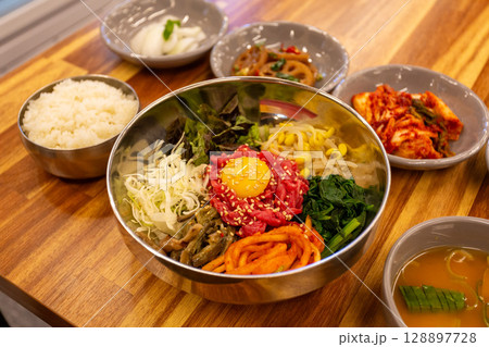 Korean traditional food. Beef Tartare Bibimbap Korean traditional food. Beef Tartare Bibimbap 128897728