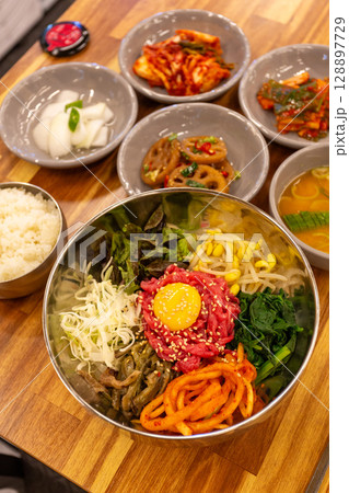 Korean traditional food. Beef Tartare Bibimbap 128897729