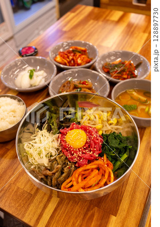 Korean traditional food. Beef Tartare Bibimbap 128897730