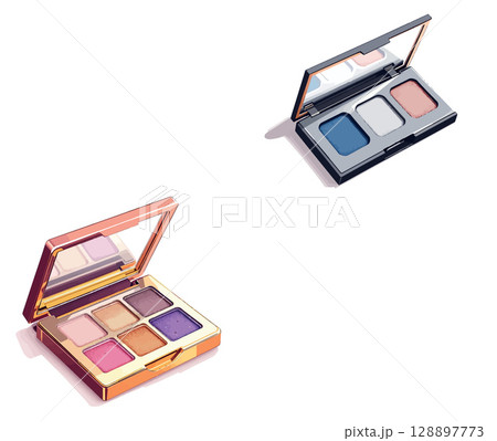 Vsai two eyeshadow palettes showing vibrant colors are open, revealing small mirrors Vsai two eyeshadow palettes showing vibrant colors are open, revealing small mirrors 128897773