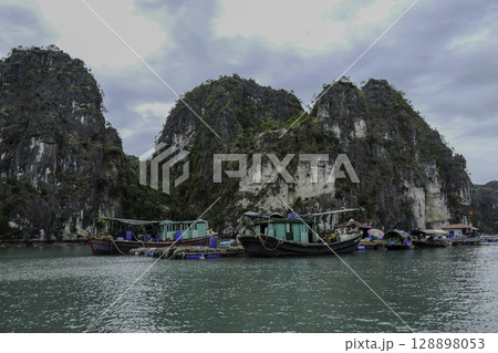 Vietnam, Floating houses, Vung Vieng fishing village, Ha Long Bay, Bai Tu Long area. Vietnam, Floating houses, Vung Vieng fishing village, Ha Long Bay, Bai Tu Long area. 128898053