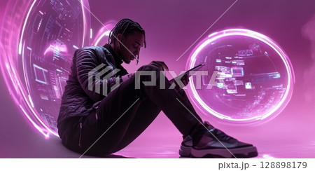 Programmer using digital tablet and futuristic interface on virtual background 128898179