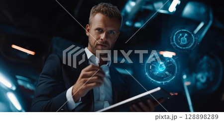 Automotive engineer using tablet computer and futuristic interface in high tech facility Automotive engineer using tablet computer and futuristic interface in high tech facility 128898289