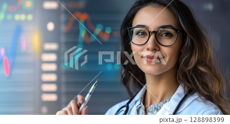 Doctor analyzing medical charts and graphs in modern office setting Doctor analyzing medical charts and graphs in modern office setting 128898399