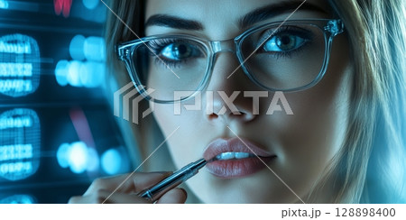 Businesswoman analyzing charts and graphs on digital screen in modern office 128898400