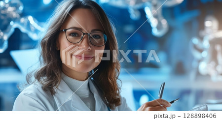 Confident medical professional analyzing patient data in high tech healthcare facility 128898406