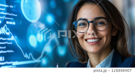 Businesswoman smiling with charts and graphs in background, modern office setting 128898407