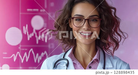 Smiling doctor wearing glasses and stethoscope with charts and graphs in background 128898435