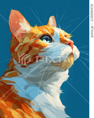 Bright orange cat gazing thoughtfully at the sky during a sunny day in a cozy indoor space with a blue backdrop 128898458