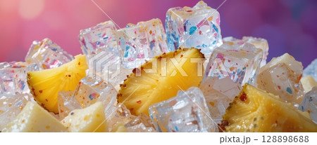 Refreshing Pineapple Chunks and Colorful Ice Cubes Summer Delight 128898688