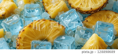 Cool Pineapple Slices and Blue Ice Cubes Refreshing Blend 128898689
