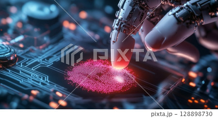 Robotic hand touching circuit board generating digital data exchange Robotic hand touching circuit board generating digital data exchange 128898730