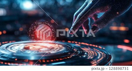 Software developer using digital fingerprint scanner for data exchange and cloud computing Software developer using digital fingerprint scanner for data exchange and cloud computing 128898731