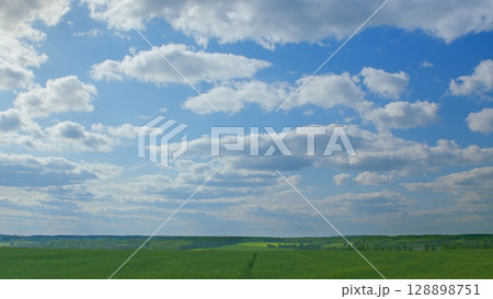 The Serene Blue Sky adorned with Fluffy Clouds drifting over Verdant Green Fields below 128898751
