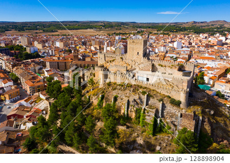 Fly over Almansa castle. City of Almansa. Spain 128898904