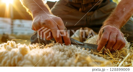 Farmer shearing sheep wool with traditional hand shears in golden sunlight 128899009