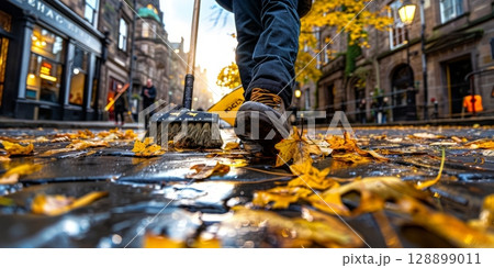 Street cleaner sweeping autumn leaves in edinburgh old town 128899011