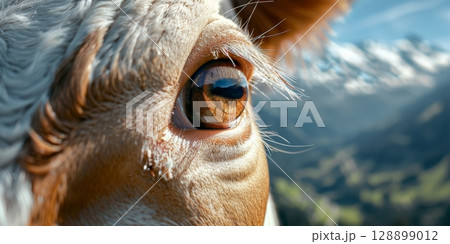 Cow showing brown eye with mountain reflecting in it, close up on farm animal 128899012