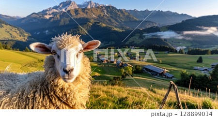 Sheep enjoying the scenic mountain view in the italian dolomites 128899014
