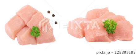 Raw diced chicken fillet isolated on white background. Top view. Flat lay 128899195