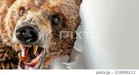 Brown bear breaking through white background showing teeth Brown bear breaking through white background showing teeth 128899211