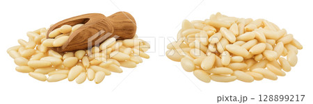 Shelled European pine nuts in wooden scoop isolated on white background with full depth of field 128899217