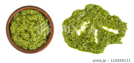 Pesto sauce in ceramic bowl isolated on white background. Top view. Flat lay Pesto sauce in ceramic bowl isolated on white background. Top view. Flat lay 128899231