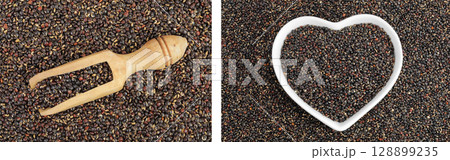 black quinoa in wooden scoop and bowl as a background. Top view. Flat lay 128899235