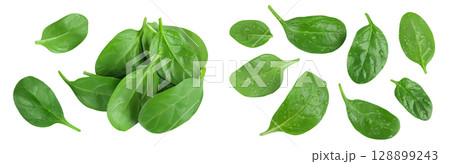 Baby spinach leaves isolated on white background. Top view. Flat lay Baby spinach leaves isolated on white background. Top view. Flat lay 128899243