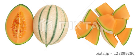 Cantaloupe melon isolated on white background with full depth of field. Top view. Flat lay Cantaloupe melon isolated on white background with full depth of field. Top view. Flat lay 128899286