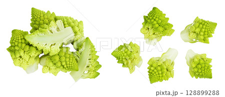 Romanesco broccoli cabbage or Roman Cauliflower isolated on white background. Top view. Flat lay 128899288