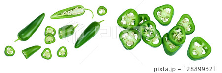 jalapeno peppers isolated on white background. Green chili pepper . Top view. Flat lay jalapeno peppers isolated on white background. Green chili pepper . Top view. Flat lay 128899321