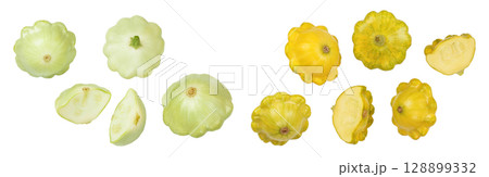 green pattypan squash isolated on white background. Top view green pattypan squash isolated on white background. Top view 128899332