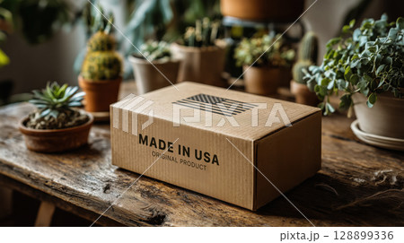Cardboard box with USA flag design and Made in USA text sits on wooden table surrounded by potted plants 128899336