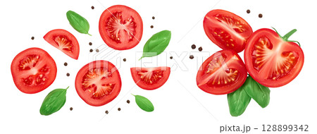 Tomato slices with basil and peppercorns isolated on white background. Clipping path and full depth of field. Top view. Flat lay Tomato slices with basil and peppercorns isolated on white background. Clipping path and full depth of field. Top view. Flat lay 128899342