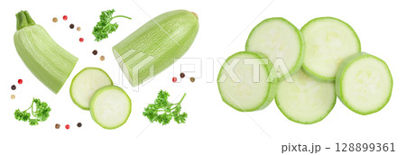 zucchini or marrow isolated on white background. Top view. Flat lay 128899361